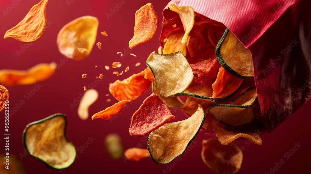 A bag of realistic dried carrot, zucchini, beetroot chips flying out, along with shattered dried zucchini chips
