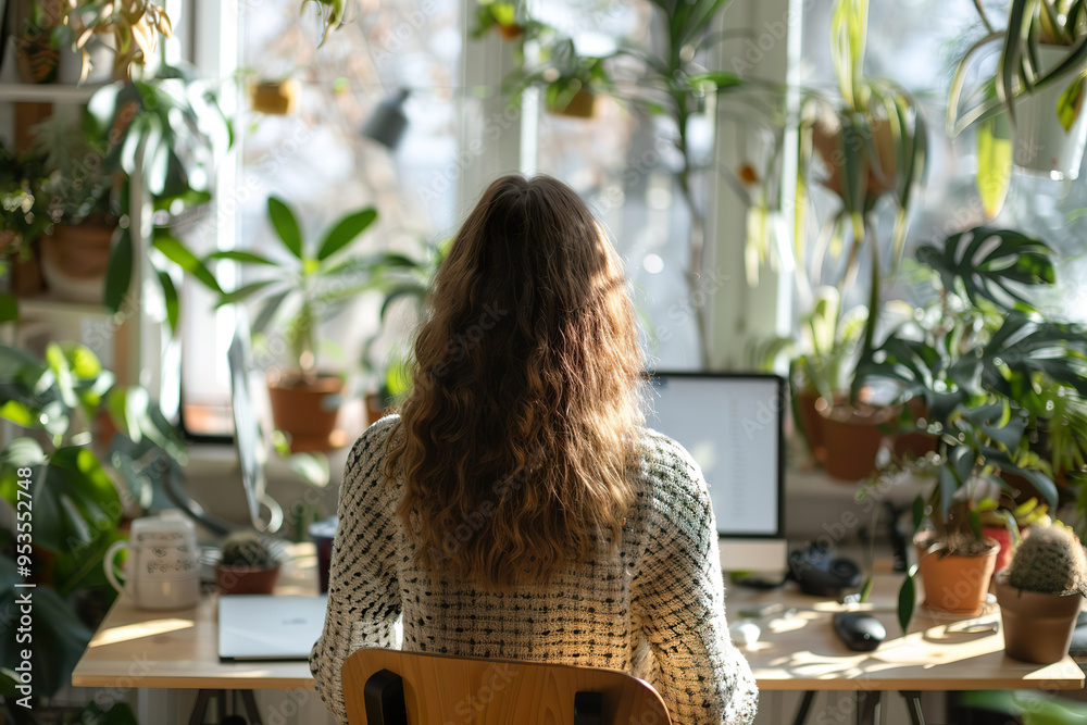 A woman is sitting at a desk with a computer and a potted plant in front of her, A woman is sitting at a desk with a computer and a potted plant in front of her,