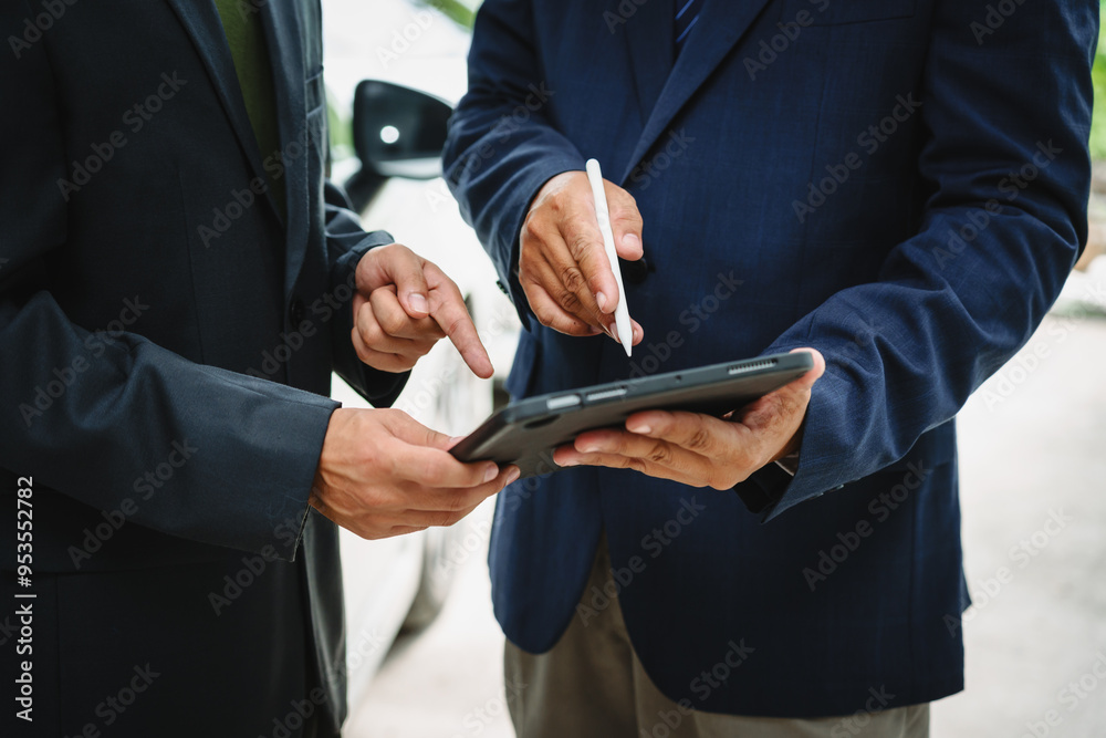 Two Asian individuals discuss a car insurance claim with an agent in front of a damaged vehicle. They review documents, discuss the policy, and address the crash and repair costs. Two Asian individuals discuss a car insurance claim with an agent in front of a damaged vehicle. They review documents, discuss the policy, and address the crash and repair costs.