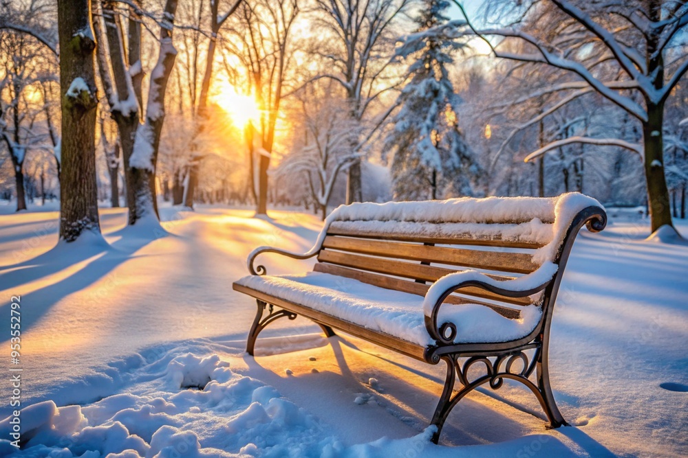 A snow-covered bench in a quiet park A snow-covered bench in a quiet park