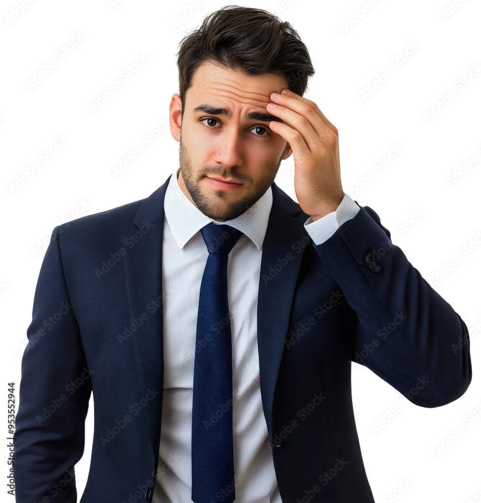 Anxious businessman isolated and worried, feeling stressed and nervous about failure and trouble in a crisis, young man in a suit with a problem and stress, transparent background Anxious businessman isolated and worried, feeling stressed and nervous about failure and trouble in a crisis, young man in a suit with a problem and stress, transparent background