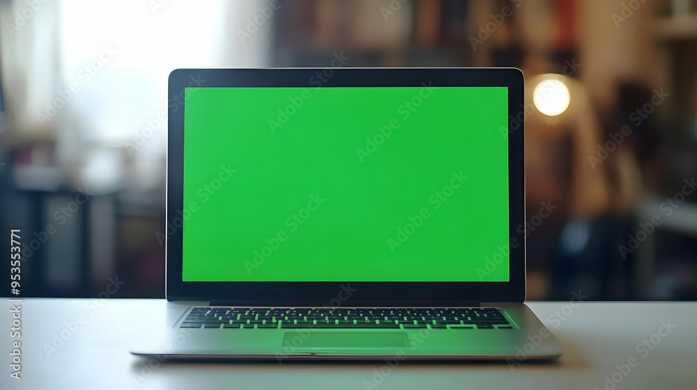 Laptop with Green Screen on White Desk Mockup for Business Technology and Marketing Laptop with Green Screen on White Desk Mockup for Business Technology and Marketing