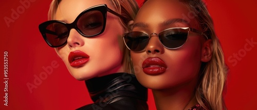 Two women wearing sunglasses and bright red lipstick show off accessories.