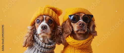 Captivating Dogs in Cozy Winter Knitwear and Sunglasses Against a Yellow Background photo