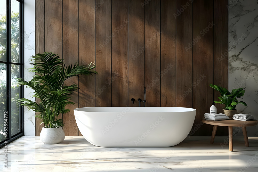 Modern Bathroom Design with Freestanding Tub Wood Wall and Marble Floor