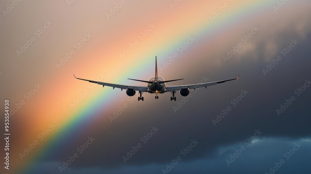 A plane flying through a rainbow after a rainstorm A plane flying through a rainbow after a rainstorm