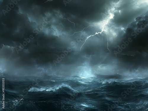 Dramatic stormy cloudscape over the dark, rain-soaked sea, illuminated by flashes of lightning