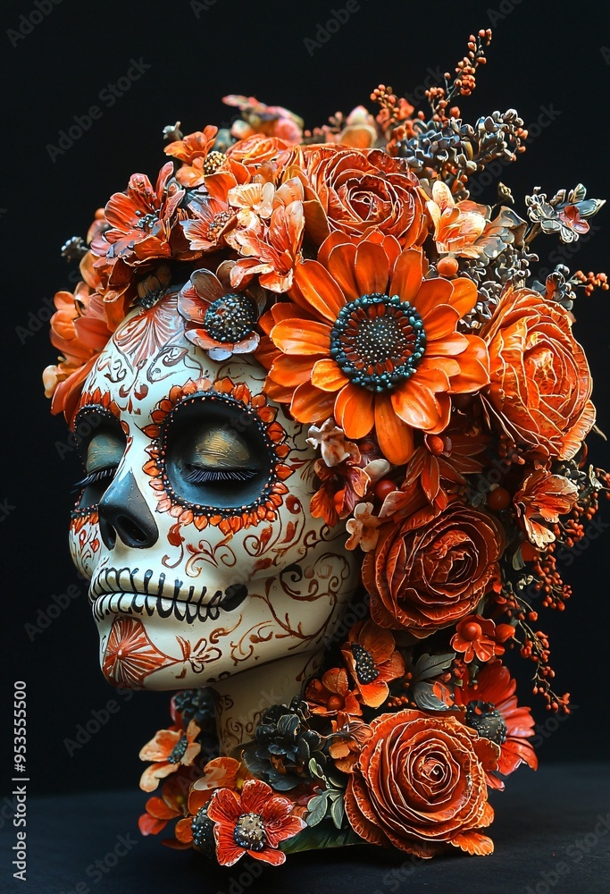 A vibrant sugar skull adorned with orange flowers, perfect for Halloween celebrations and Día de los Muertos decor. Ideal for festive designs, with copy space. A vibrant sugar skull adorned with orange flowers, perfect for Halloween celebrations and Día de los Muertos decor. Ideal for festive designs, with copy space.