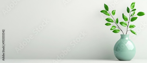 Elegant green vase with fresh leaves on a minimalist background, perfect for home decor and interior inspiration.