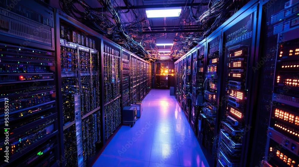 Computer Server Room with Rows of Blinking Lights, Cooling Systems, and Cables Computer Server Room with Rows of Blinking Lights, Cooling Systems, and Cables