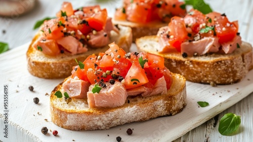 Delicious tuna bruschettas with tomatoes and peppercorn on white wooden table