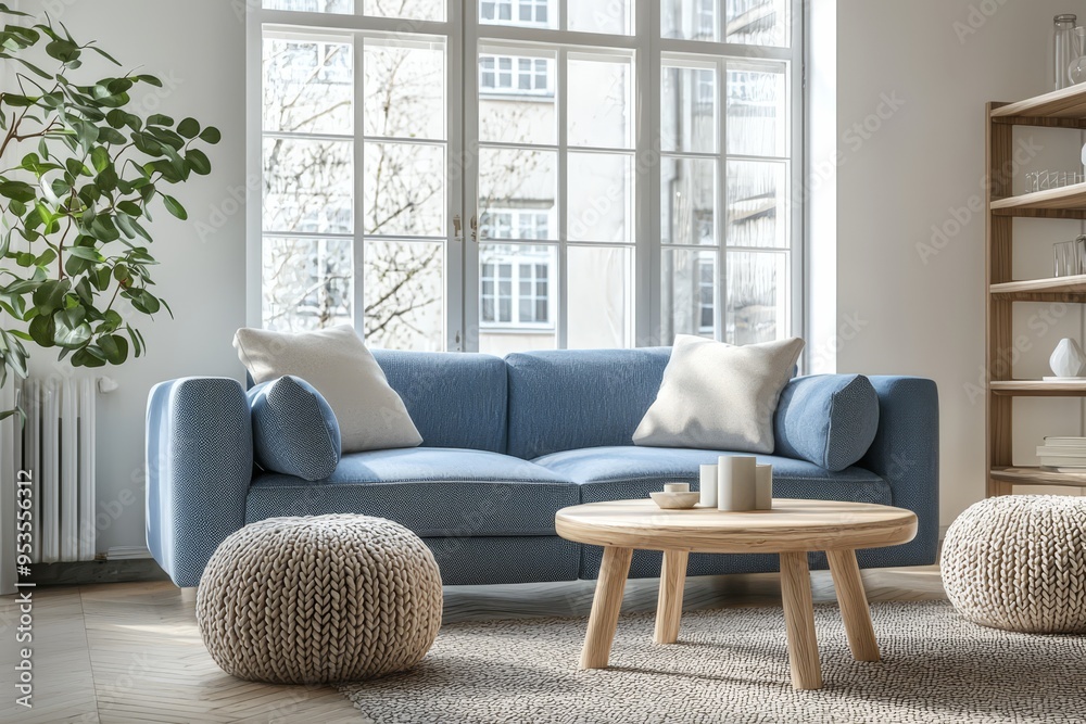 Nordic-style living room in a family home featuring a blue sofa, wooden coffee table, and beige knitted ottomans creating a cozy and minimalist atmosphere