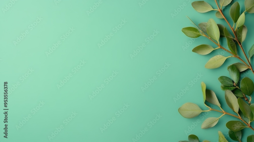 Fresh green leaves on a mint background, perfect for nature themes or soothing aesthetics in design projects. Fresh green leaves on a mint background, perfect for nature themes or soothing aesthetics in design projects.