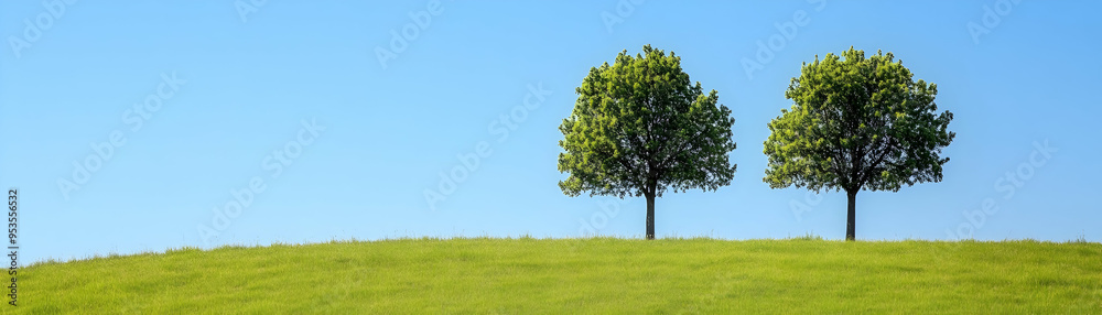 Two Trees on a Green Hill Against a Blue Sky Two Trees on a Green Hill Against a Blue Sky