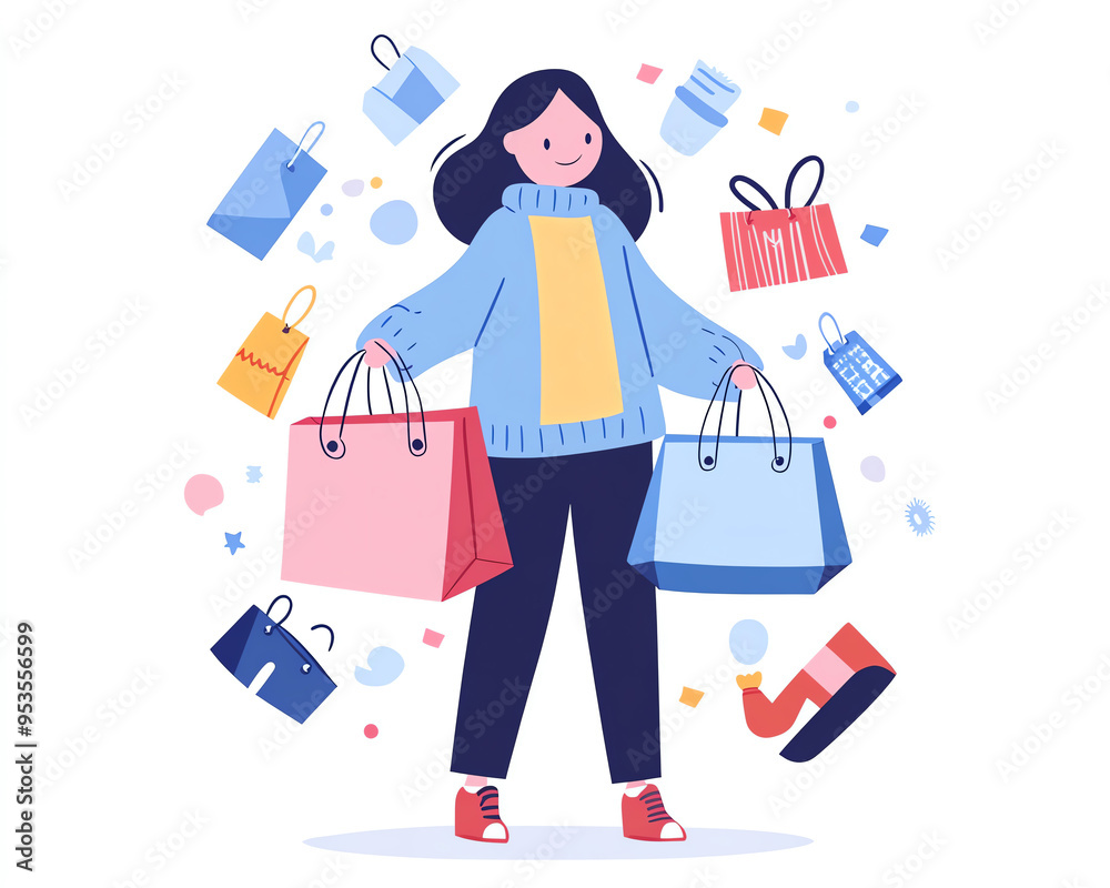 Illustration of a smiling woman holding shopping bags with various shopping items floating around. Concept of shopping and retail therapy. Illustration of a smiling woman holding shopping bags with various shopping items floating around. Concept of shopping and retail therapy.
