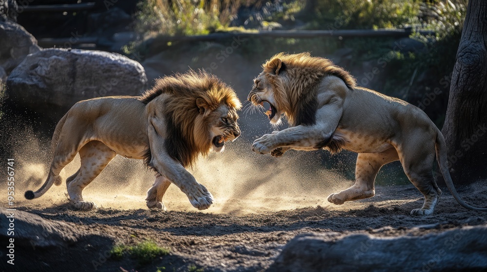 Two Lions Fighting in Dust Two Lions Fighting in Dust