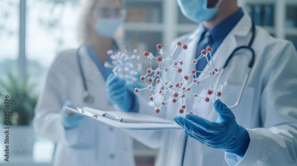 Fototapeta premium Doctors holding model of biological cell and vaccine in hospital