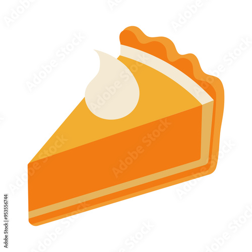 A slice of pumpkin pie with whipped cream on top. The pie is orange and has a light, fluffy texture