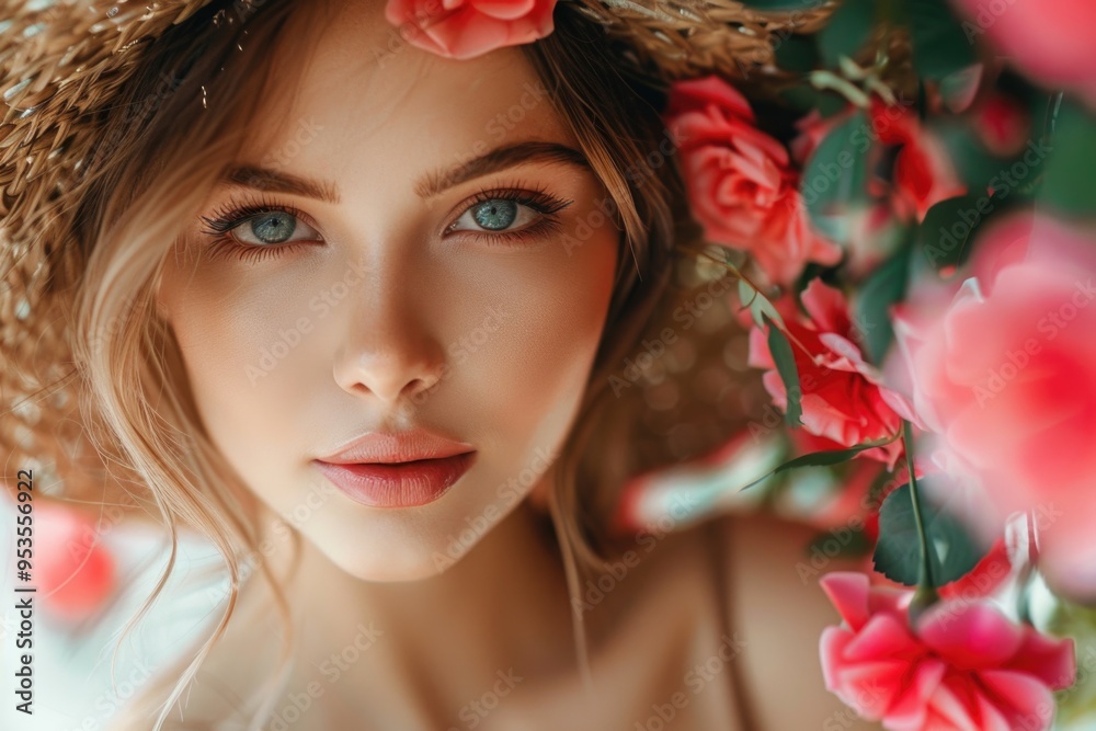 Fototapeta premium Woman wearing a straw hat with flowers