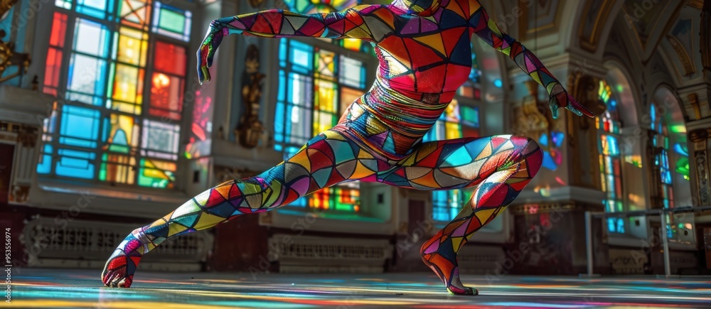 Fototapeta premium Colorful Abstract Patterned Dancer in Vibrant Cathedral with Stained Glass Windows