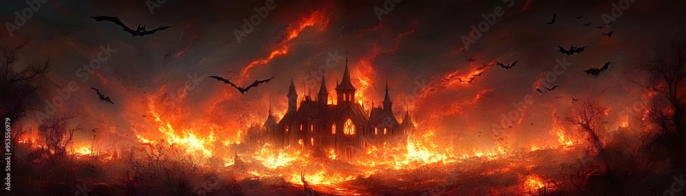 Gothic Mansion Burning In Hellfire With Bats Flying Above Gothic Mansion Burning In Hellfire With Bats Flying Above