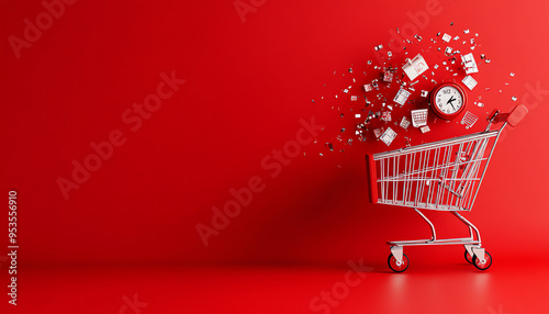 Red shopping cart with floating gifts and clock against a red background. Perfect for holiday, retail, and sales themes. photo