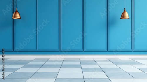 Modern interior featuring a blue wall and stylish pendant lights, perfect for design inspiration and home decor projects.