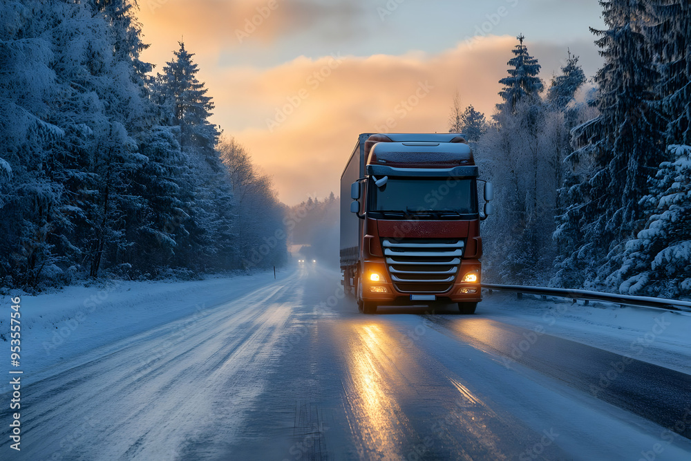 Semi Truck Driving on Snowy Road at Sunset Semi Truck Driving on Snowy Road at Sunset