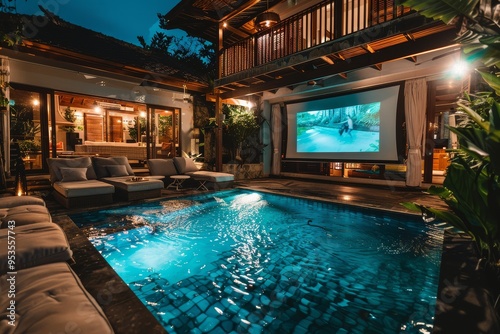 Luxurious Bali Villa with Pool and Loungers at Blue Hour, Capturing a Dreamy Nighttime Atmosphere