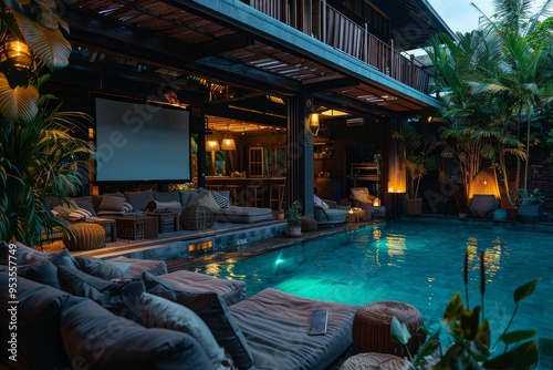 Luxurious Bali Villa with Pool and Loungers at Blue Hour, Capturing a Dreamy Nighttime Atmosphere