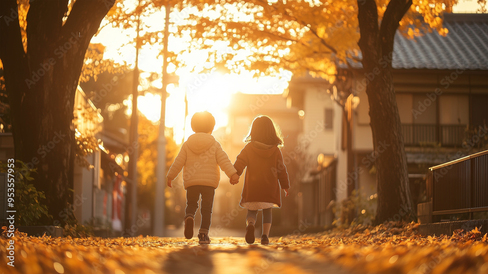 Fototapeta premium 秋の道を歩く子供たち