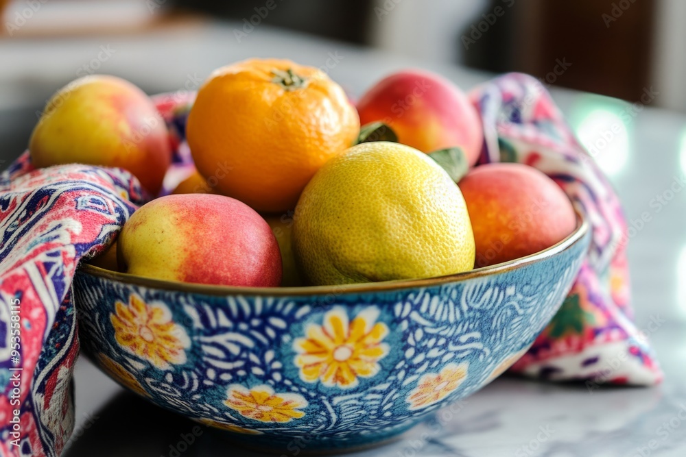 A vibrant bowl filled with fresh fruits. Lively colors shine through. Perfect for a kitchen decor or healthy lifestyle concept. Celebrating healthy eating. Generative AI