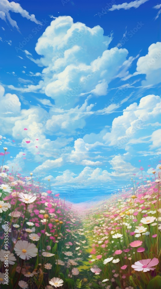 Obraz premium Field of flowers with mountains