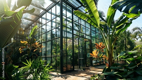 A transparent greenhouse with tropical plants inside.