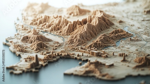 A detailed topographical model showcasing mountainous terrain and urban features, perfect for educational and creative projects. photo