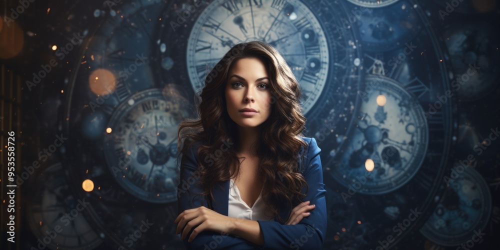 Woman posing against a blue constellations background Woman posing against a blue constellations background
