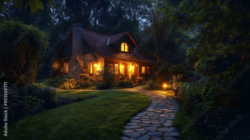 Cozy house exterior at deep night, warm glowing landscape lighting, illuminated garden path, stone walkway, lush greenery, atmospheric nighttime scene. Cozy house exterior at deep night, warm glowing landscape lighting, illuminated garden path, stone walkway, lush greenery, atmospheric nighttime scene.