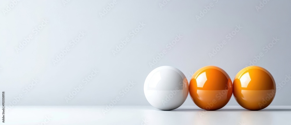 Three glossy spheres in white, orange, and yellow sit elegantly against a minimalistic backdrop, symbolizing balance and creativity. Three glossy spheres in white, orange, and yellow sit elegantly against a minimalistic backdrop, symbolizing balance and creativity.