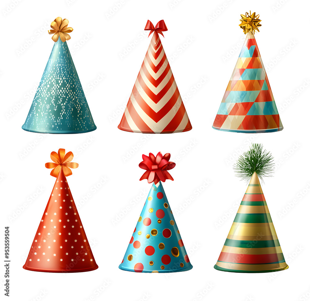 A set of holiday caps. Festive party hat. Holiday decoration design element. Isolated on a transparent background. A set of holiday caps. Festive party hat. Holiday decoration design element. Isolated on a transparent background.