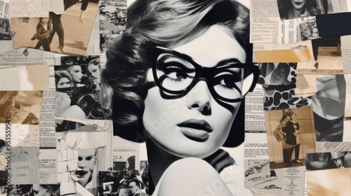 Vintage Collage with Retro Woman in Glasses and BlackandWhite s