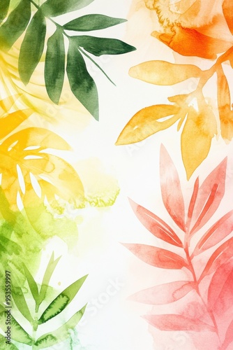 Simple colorfull watercolor summer or spring  vertical background with copy space. Plant elements on the right and left.