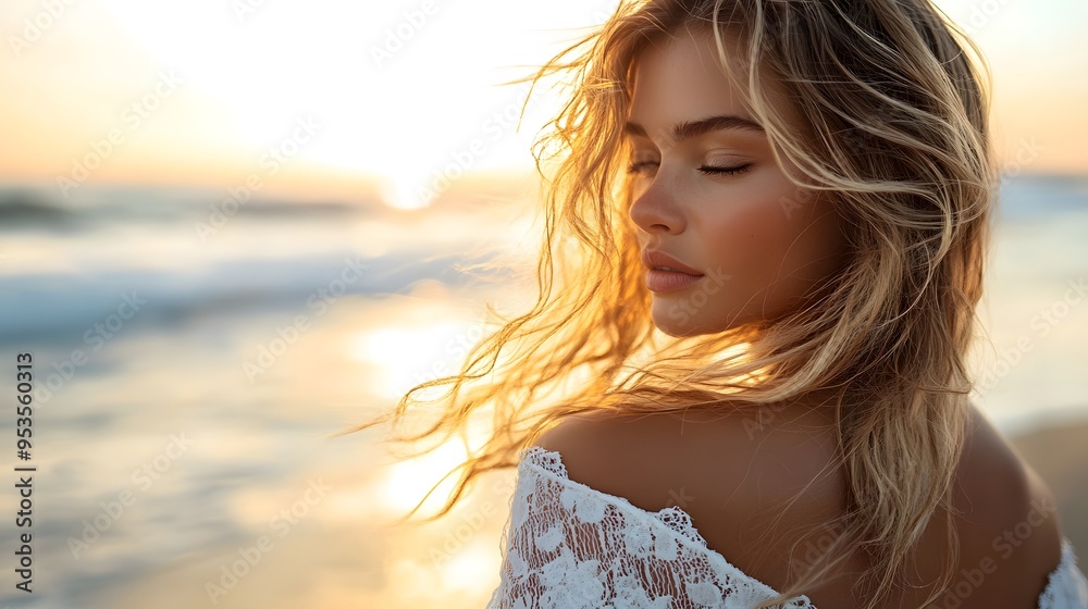 Golden hour beach portrait, back view of woman, flowing blonde hair, white lace top, sun-kissed skin, ocean waves, warm sunlight, serene coastal scene, windswept hair. Golden hour beach portrait, back view of woman, flowing blonde hair, white lace top, sun-kissed skin, ocean waves, warm sunlight, serene coastal scene, windswept hair.