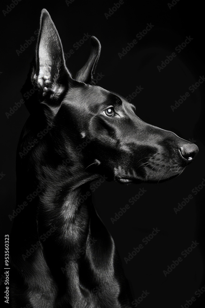 portrait studio photograph of doberman pinscher black and white