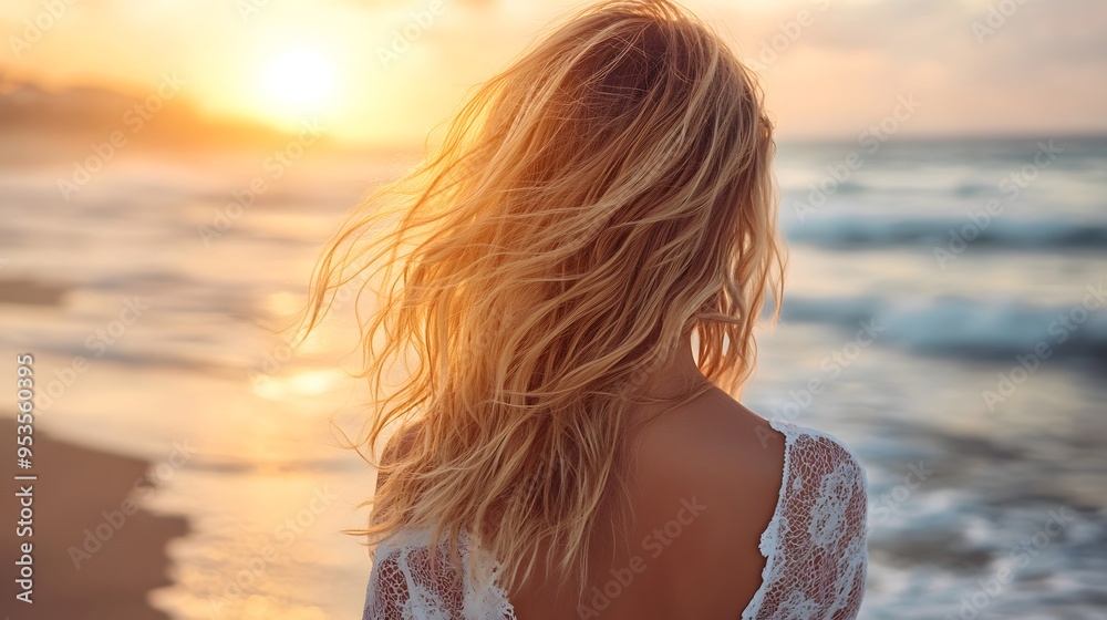 Golden hour beach portrait, back view of woman, flowing blonde hair, white lace top, sun-kissed skin, ocean waves, warm sunlight, serene coastal scene, windswept hair. Golden hour beach portrait, back view of woman, flowing blonde hair, white lace top, sun-kissed skin, ocean waves, warm sunlight, serene coastal scene, windswept hair.