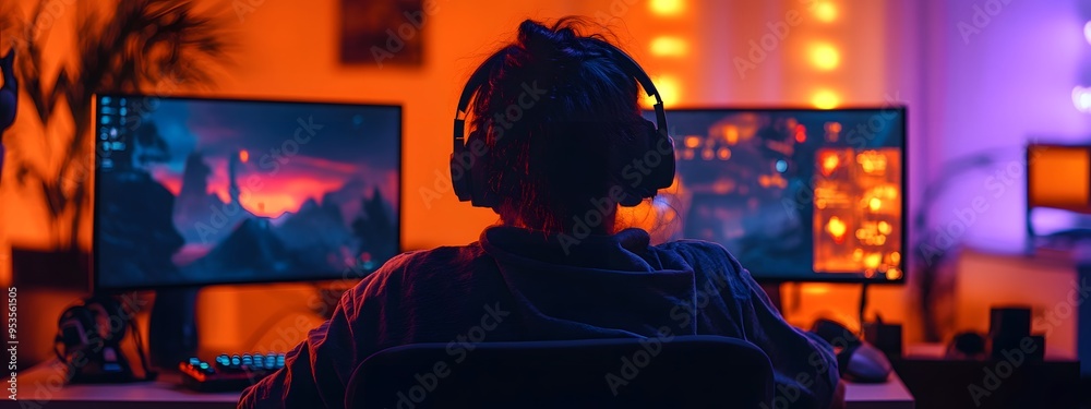 A gamer with headphones sits in front of a computer, playing a game. The gamer is surrounded by multiple monitors displaying various games and futuristic technology elements A gamer with headphones sits in front of a computer, playing a game. The gamer is surrounded by multiple monitors displaying various games and futuristic technology elements