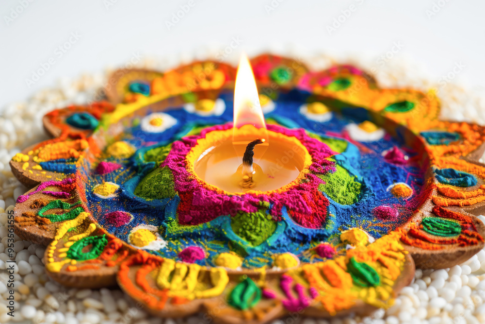 Traditional oil lamp with rangoli design Traditional oil lamp with rangoli design