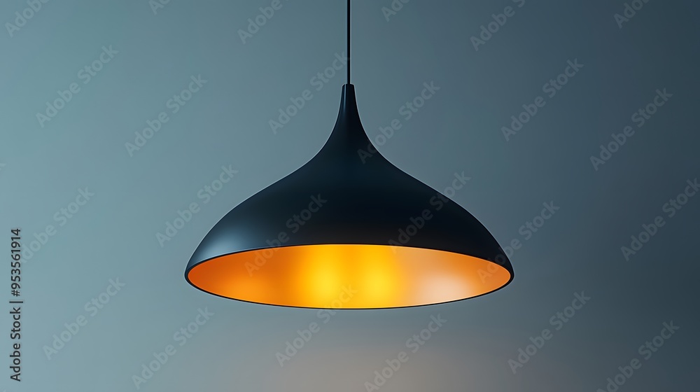 Fototapeta premium Minimalist pendant light, dome-shaped black lampshade, illuminated interior, pure white background, suspended ceiling fixture, modern lighting design, industrial style.