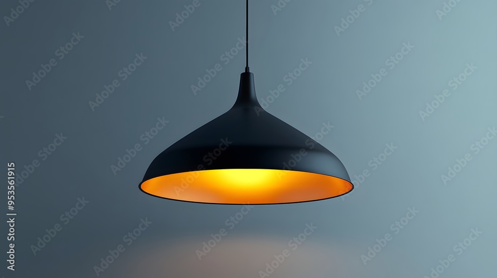 Fototapeta premium Minimalist pendant light, dome-shaped black lampshade, illuminated interior, pure white background, suspended ceiling fixture, modern lighting design, industrial style.