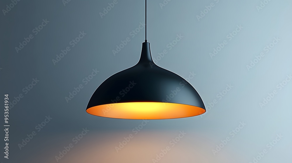 Fototapeta premium Minimalist pendant light, dome-shaped black lampshade, illuminated interior, pure white background, suspended ceiling fixture, modern lighting design, industrial style.