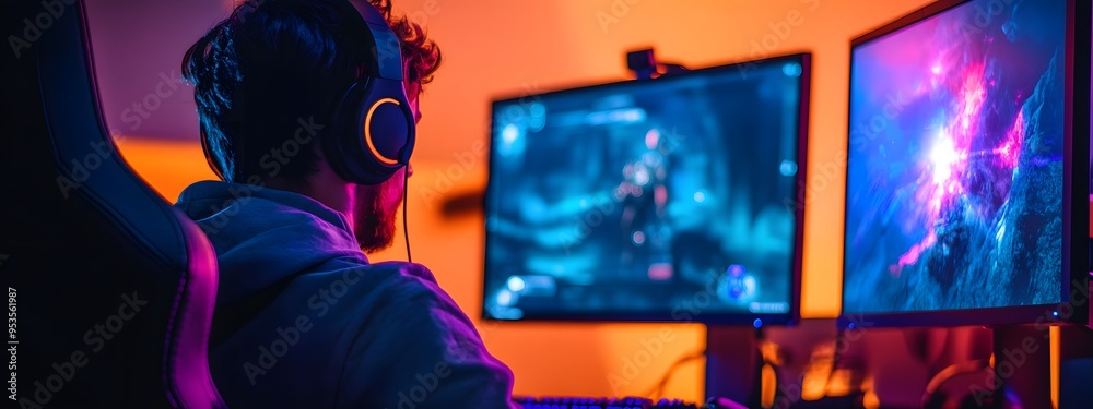 A gamer with headphones sits in front of a computer, playing a game. The gamer is surrounded by multiple monitors displaying various games and futuristic technology elements A gamer with headphones sits in front of a computer, playing a game. The gamer is surrounded by multiple monitors displaying various games and futuristic technology elements